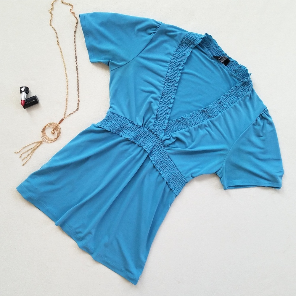 BCBG Blue Short Bell Sleeve Ruffle Blouse